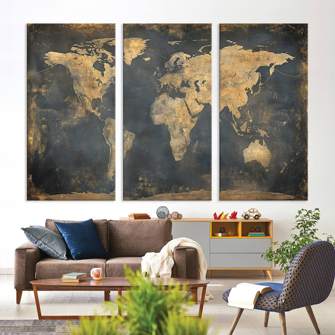 The Grunge World Map Canvas Wall Art features golden tones and is displayed against a white-paneled wall.