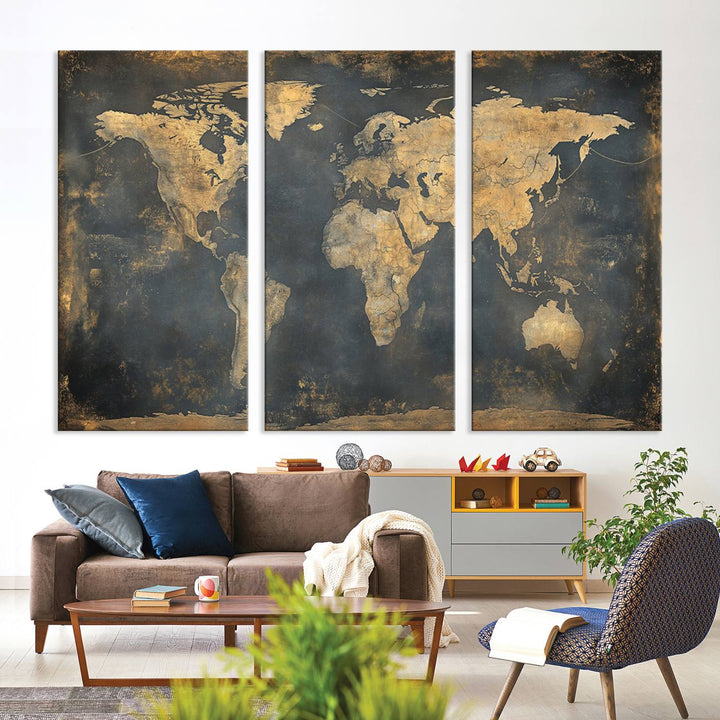 Grunge World Map Canvas Wall Art - Vintage Aged World Map with Golden Tones, Framed Artwork for Living Room, Office, or Study Decor