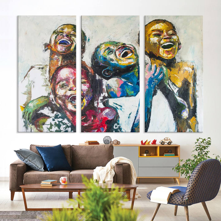 A vibrant Shai Yossef canvas art of joyful kids hangs prominently.