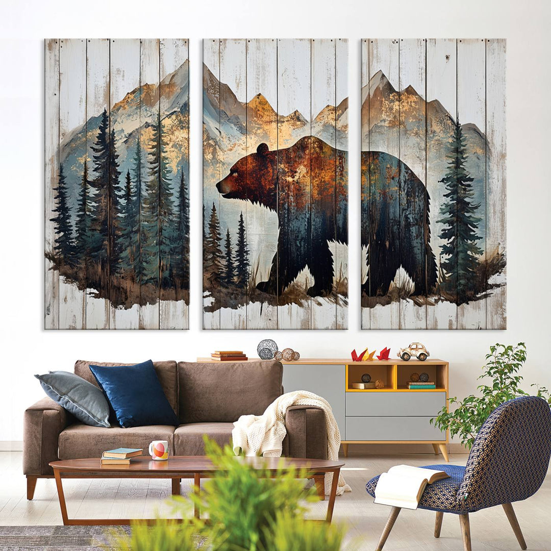 The Rustic Grizzly 399 Bear and Mountain Wood Canvas Wall Art elegantly depicts a majestic bear in a pine forest with mountain silhouettes, expertly framed on distressed wooden panels. This nature-inspired piece infuses charm and warmth, serving as perfect cabin wall decor.