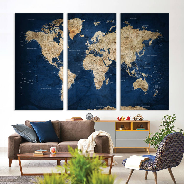 A personalized world map canvas print hangs above.