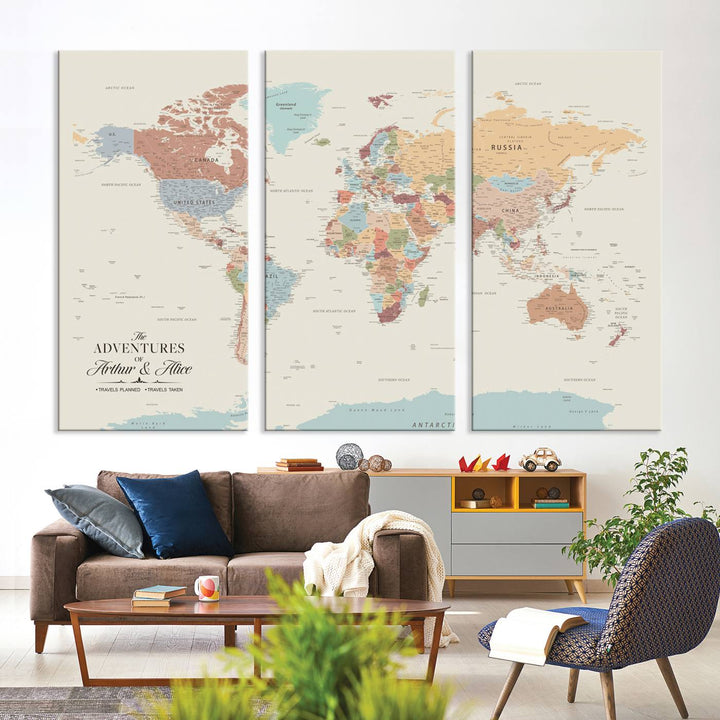 Custom World Map Wall Art Canvas Print - Personalized World Map Wall Art, Customize Wall Art Map Print