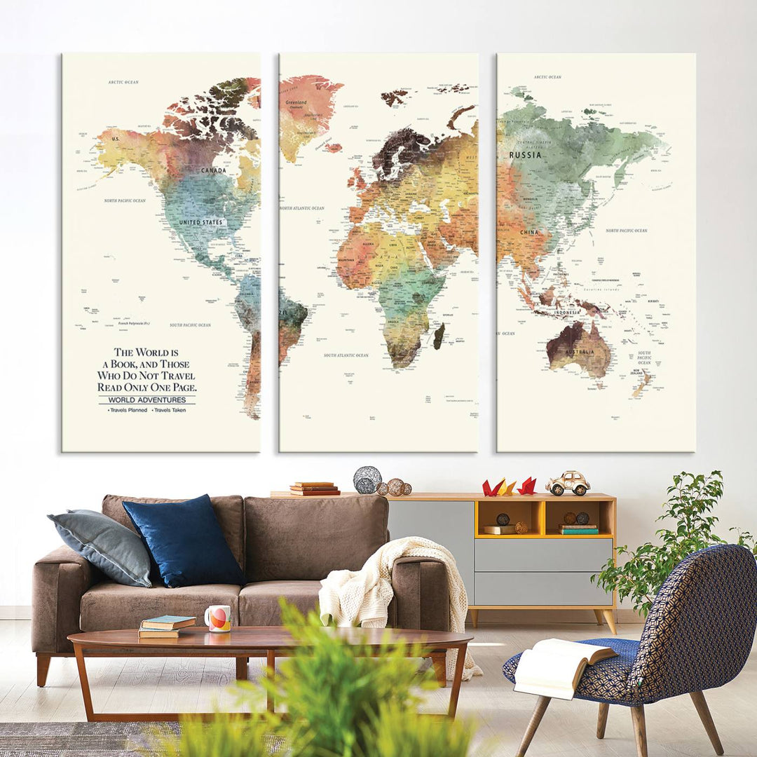 A colorful Personalized World Map Canvas Print, ideal as wall art for living room or office.