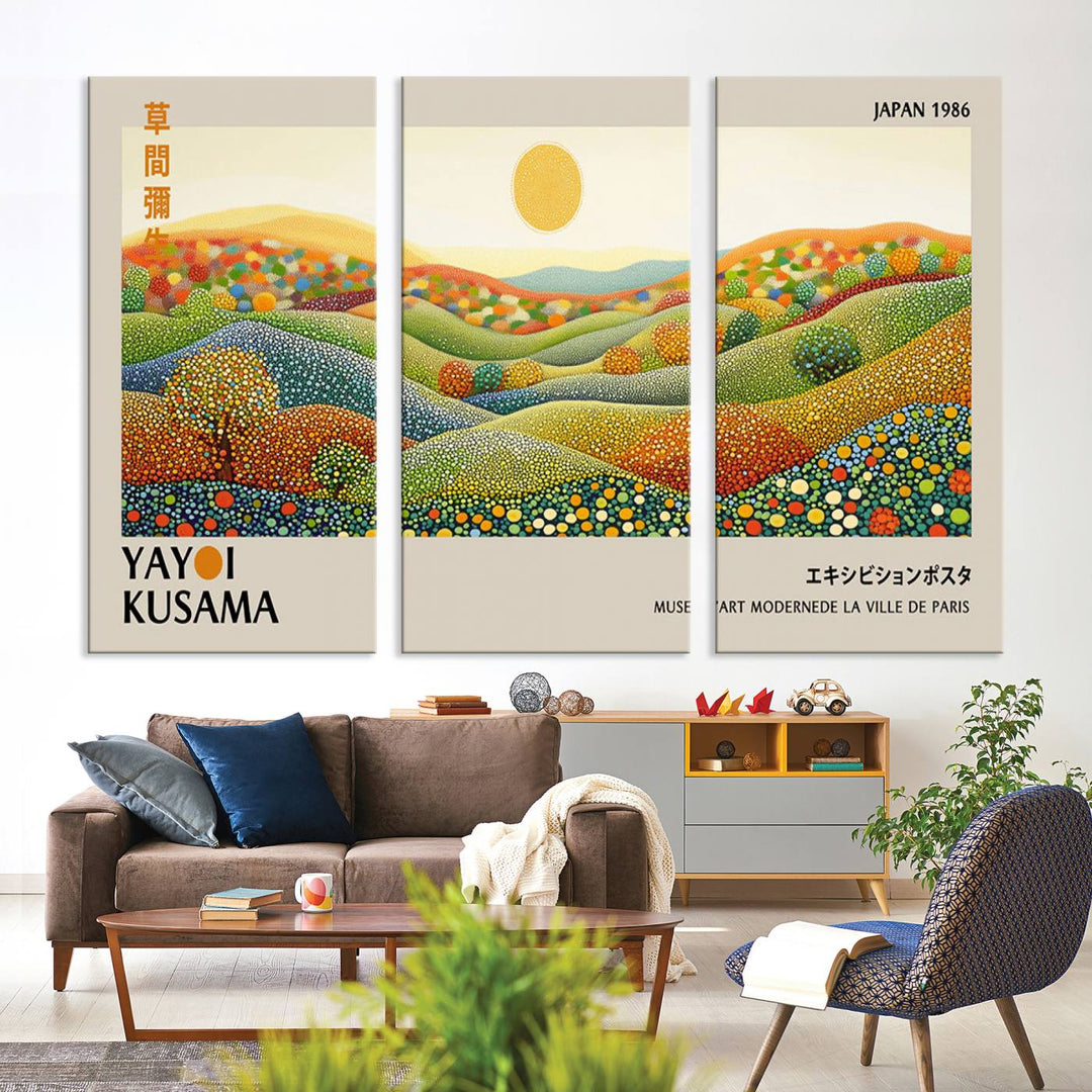 The Yayoi Kusama Wabi Sabi Japanese Wall Art Print features a vibrant landscape with dots, sun, and mountains.