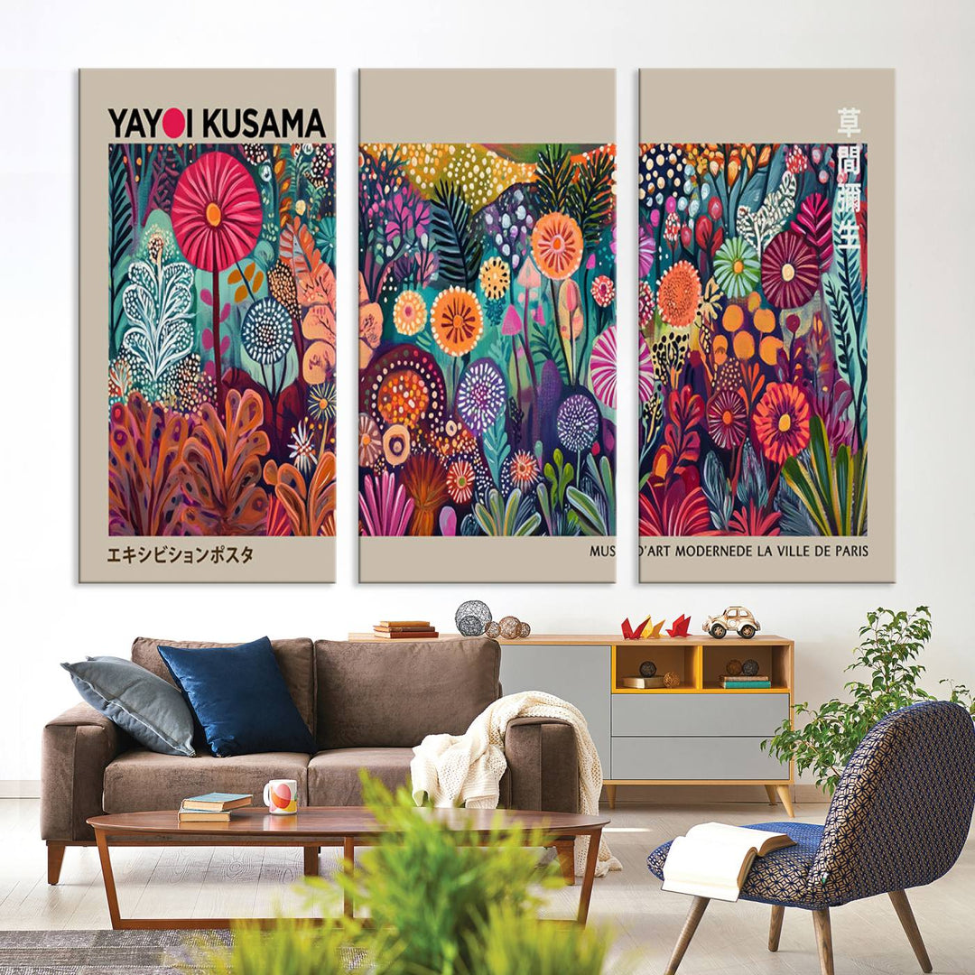 A framed "Yayoi Kusama Wall Art Canvas Print" showcases an abstract floral design, reflecting Japanese aesthetics.