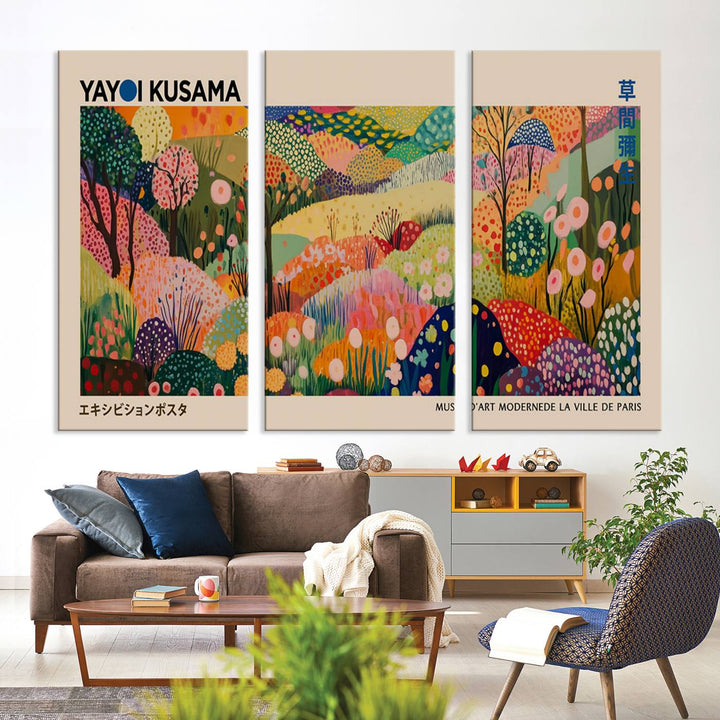 A Yayoi Kusama Wall Art Canvas Print featuring vibrant abstract floral patterns is displayed in a tranquil forest setting.