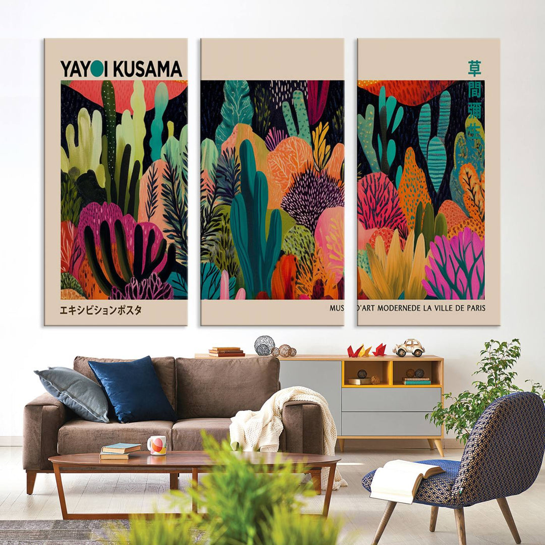 The vibrant canvas print of wall art features abstract plants, with the elegant text "Yayoi Kusama Wall Art Canvas Print" displayed on the colorful frame.