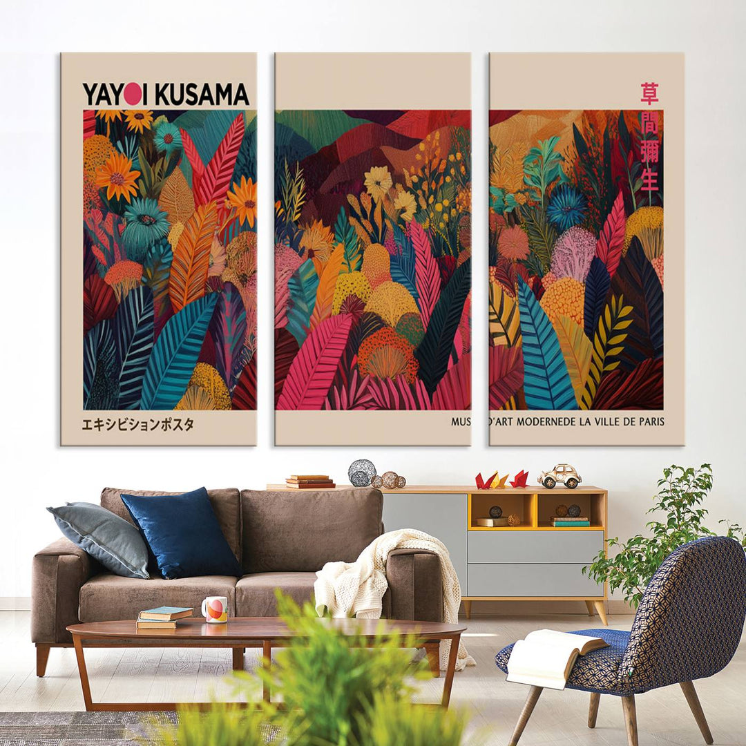 The Yayoi Kusama Inspired Wall Art Canvas Print features colorful flowers and foliage, presented with a premium canvas and gallery-quality finish.