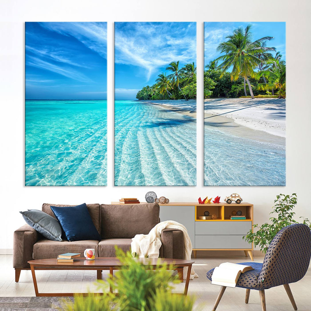 The Tropical Beach Wall Art Canvas Print showcases a serene ocean landscape with crystal clear turquoise water and palm trees, beautifully enhancing the coastal decor.