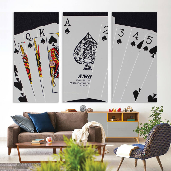 The oversized Poker Wall Art features the Ace of Spades and is displayed on a porch.