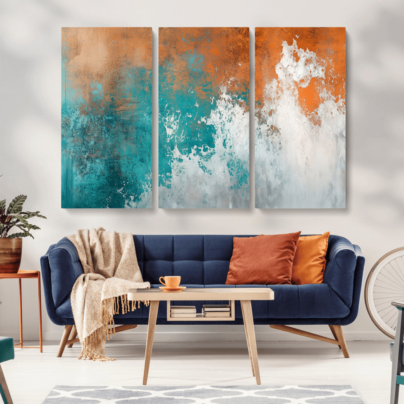 MGV-CV-48X32-3P - Vintage Abstract Print - Bold Teal and Orange Canvas Wall Art - Retro-Vintage Abstract Orange Canvas