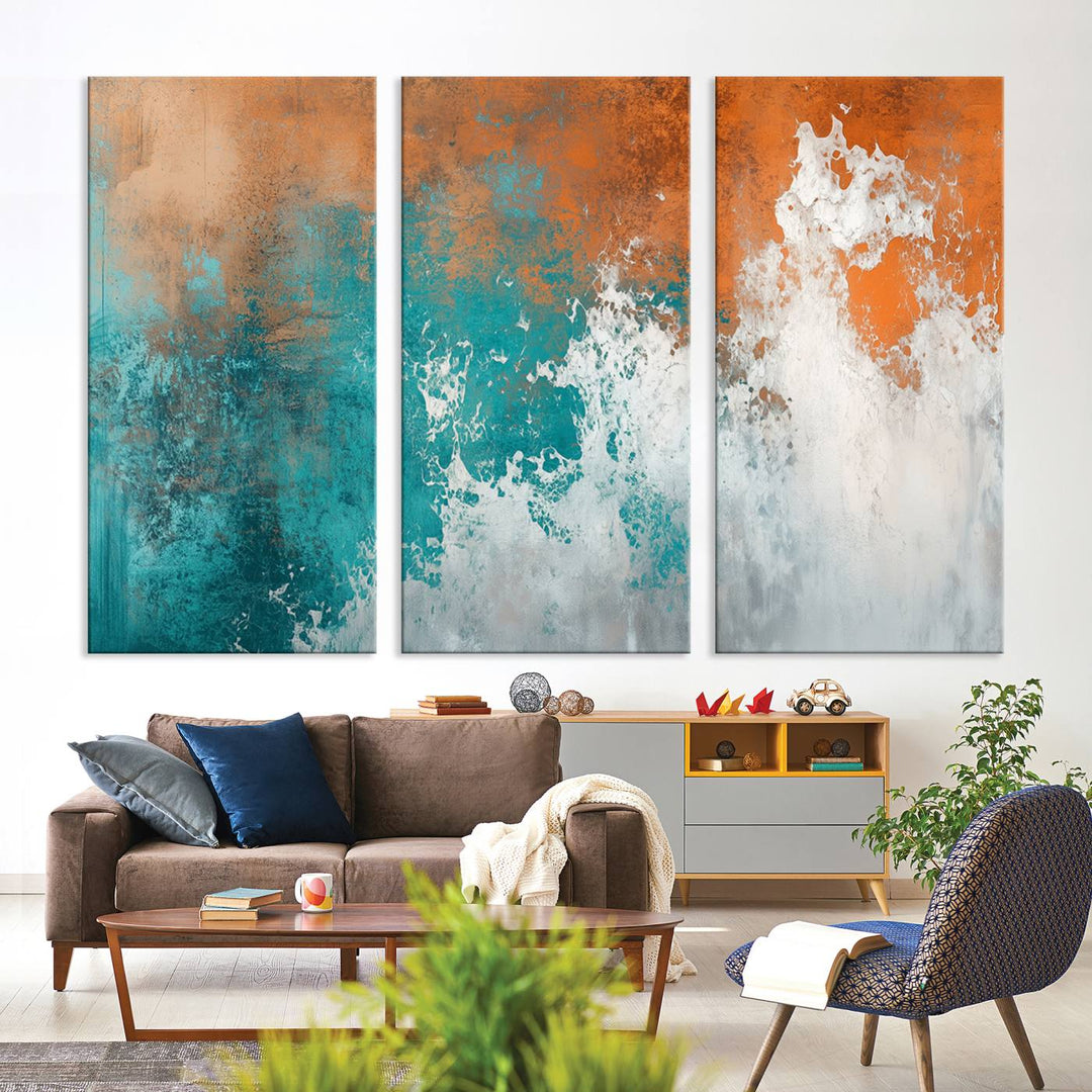 Vintage Abstract Print - Bold Teal and Orange Canvas Wall Art - Retro-Vintage Abstract Orange Canvas for Modern Decor