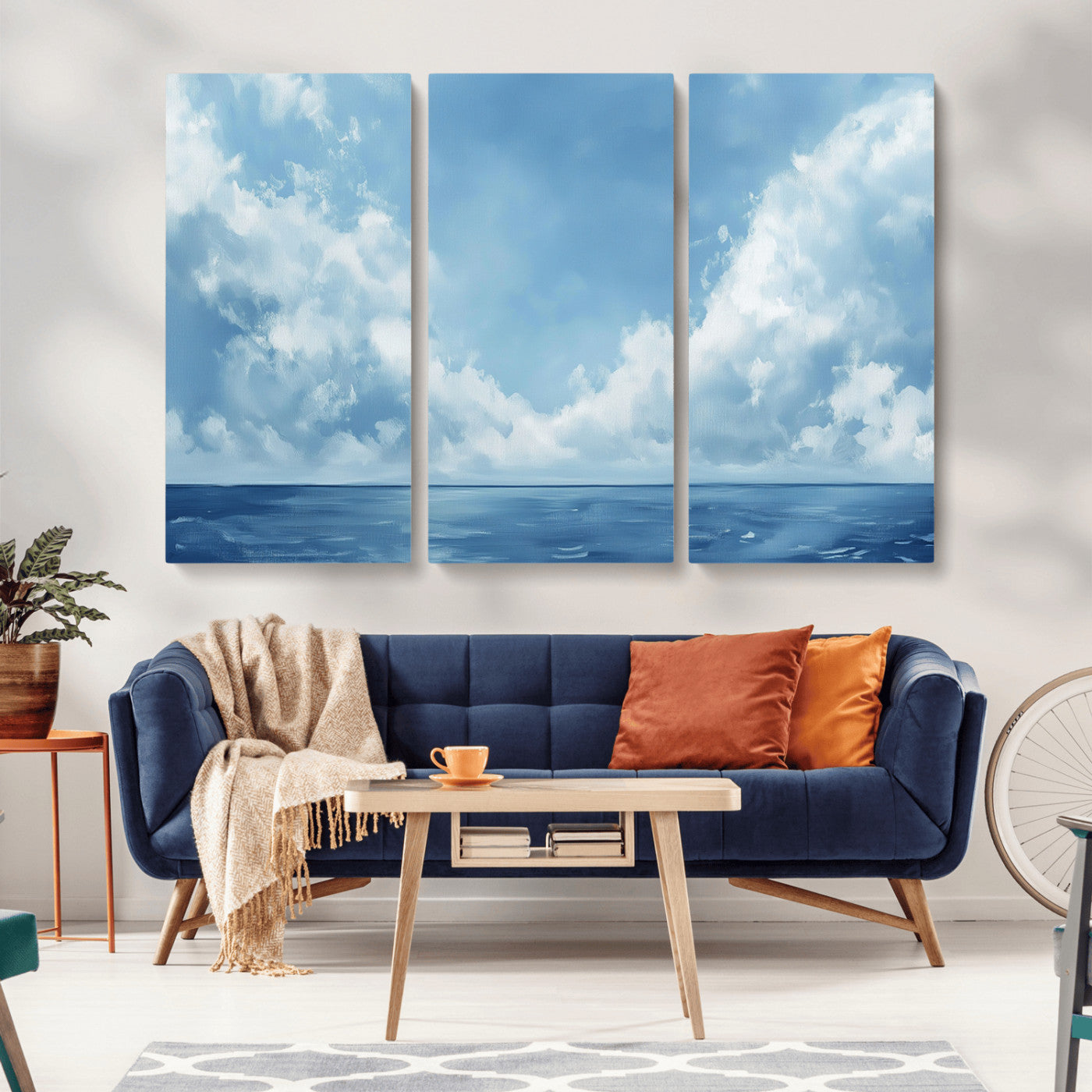 MGV-CV-48X32-3P - Abstract Ocean Print Artwork- Serene Blue Ocean Canvas Wall Art - Minimalist Ocean and Sky Canvas