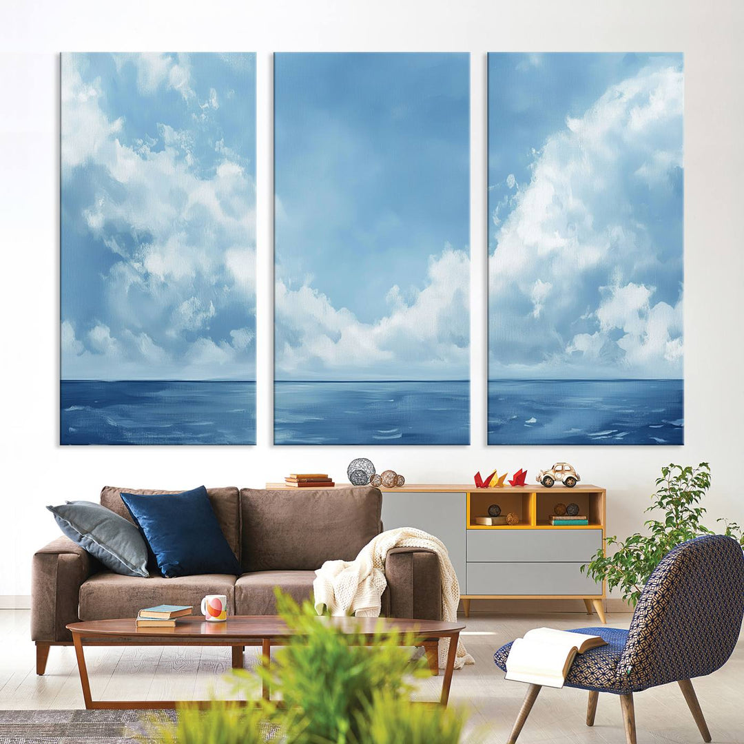 Abstract Ocean Print - Serene Blue Canvas displayed on a porch featuring minimalist decor.