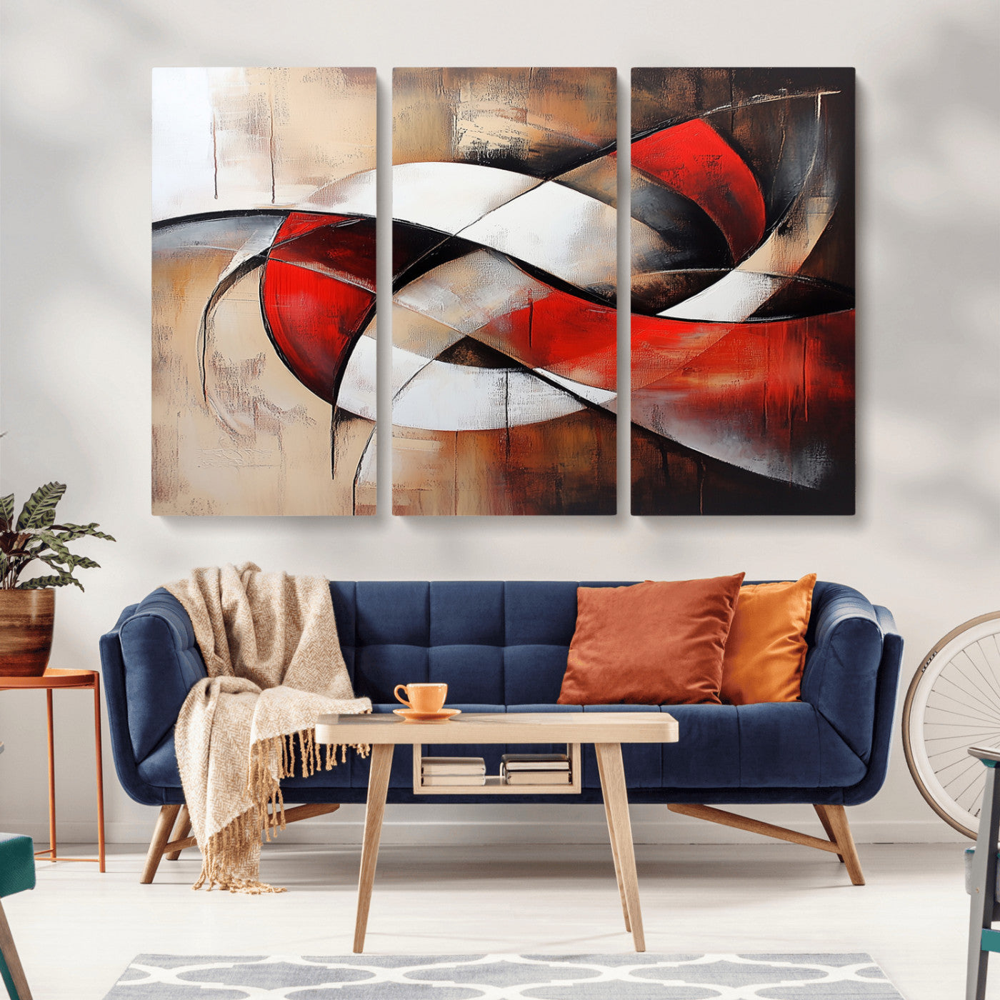 MGV-CV-48X32-3P - Abstract Wall Art - Modern Red and White Canvas Wall Art Print - Bold Geometric Abstract Canvas for
