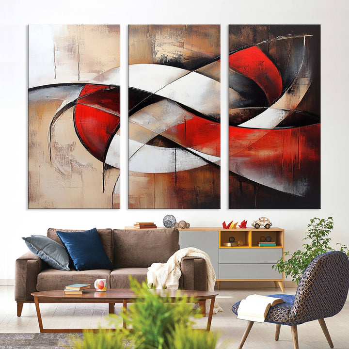 The Abstract Wall Art - Modern Red and White Canvas is displayed prominently in front of an entrance.