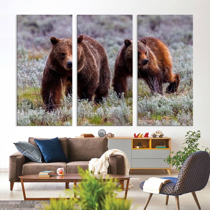 The "Grizzly 399 in Wild Flowers" wall art canvas print, showcasing grizzly bears amidst vibrant wildflowers, elegantly captures the enchanting essence of nature. This handmade piece from the USA brings striking beauty to any space.