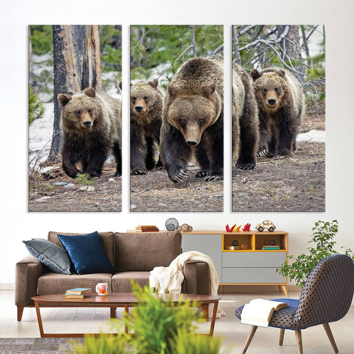 The wall art, a breathtaking canvas print titled "Queen of the Tetons," features 399 Grizzly Bear Cubs majestically captured in a forest setting. It is printed on premium canvas and handmade in the USA.