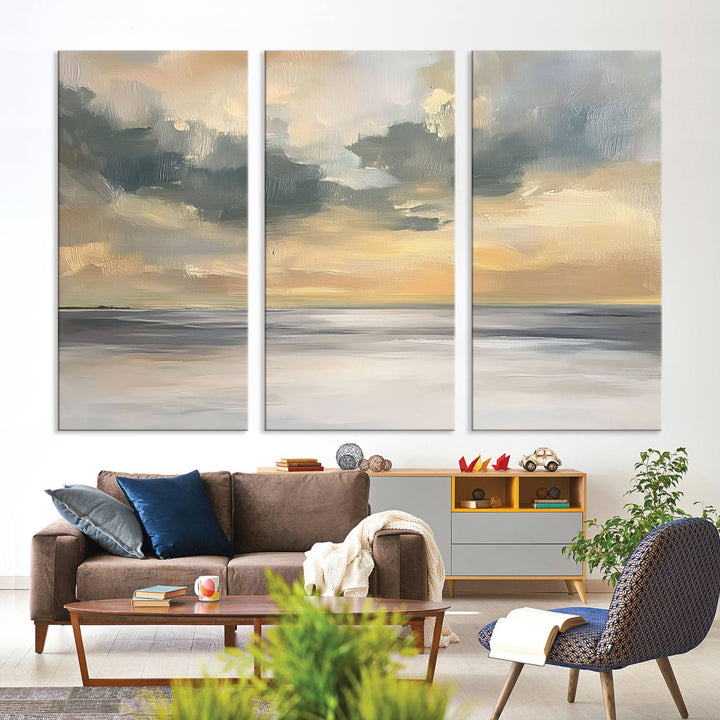 The Modern Coastal Wall Art Canvas Print features vibrant abstract ocean waves and clouds.