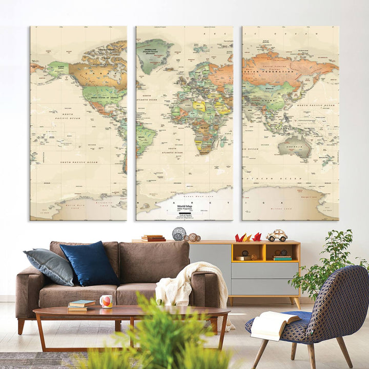 The Large Push Pin World Map Wall Art Canvas Print, with a gallery-quality finish, is carefully crafted on premium canvas and handmade in the USA. This piece adds a touch of elegance to any space.