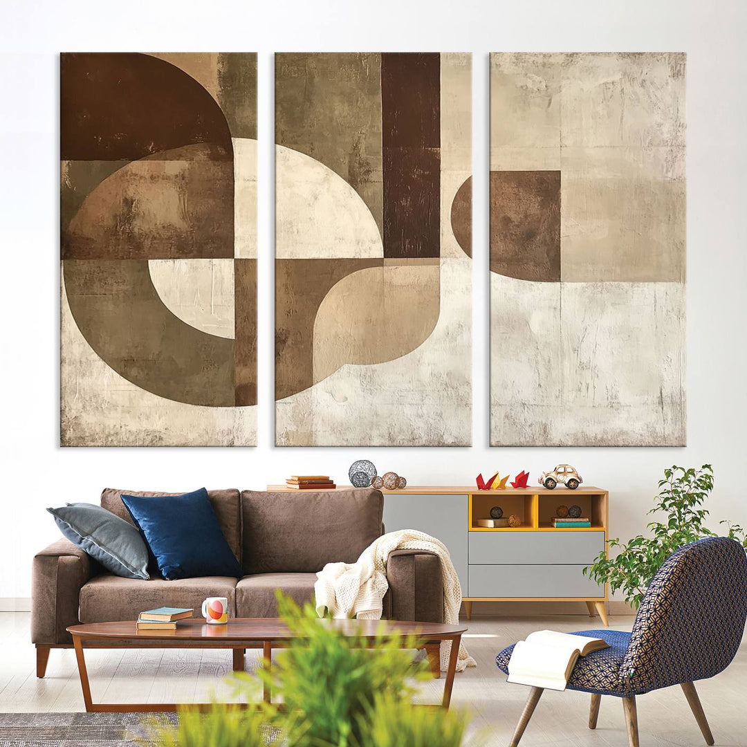 A Wabi Sabi Geometric Minimalist Wall Art Canvas Print—with a modern abstract geometric design in brown and beige tones—stands proudly in front of a house.