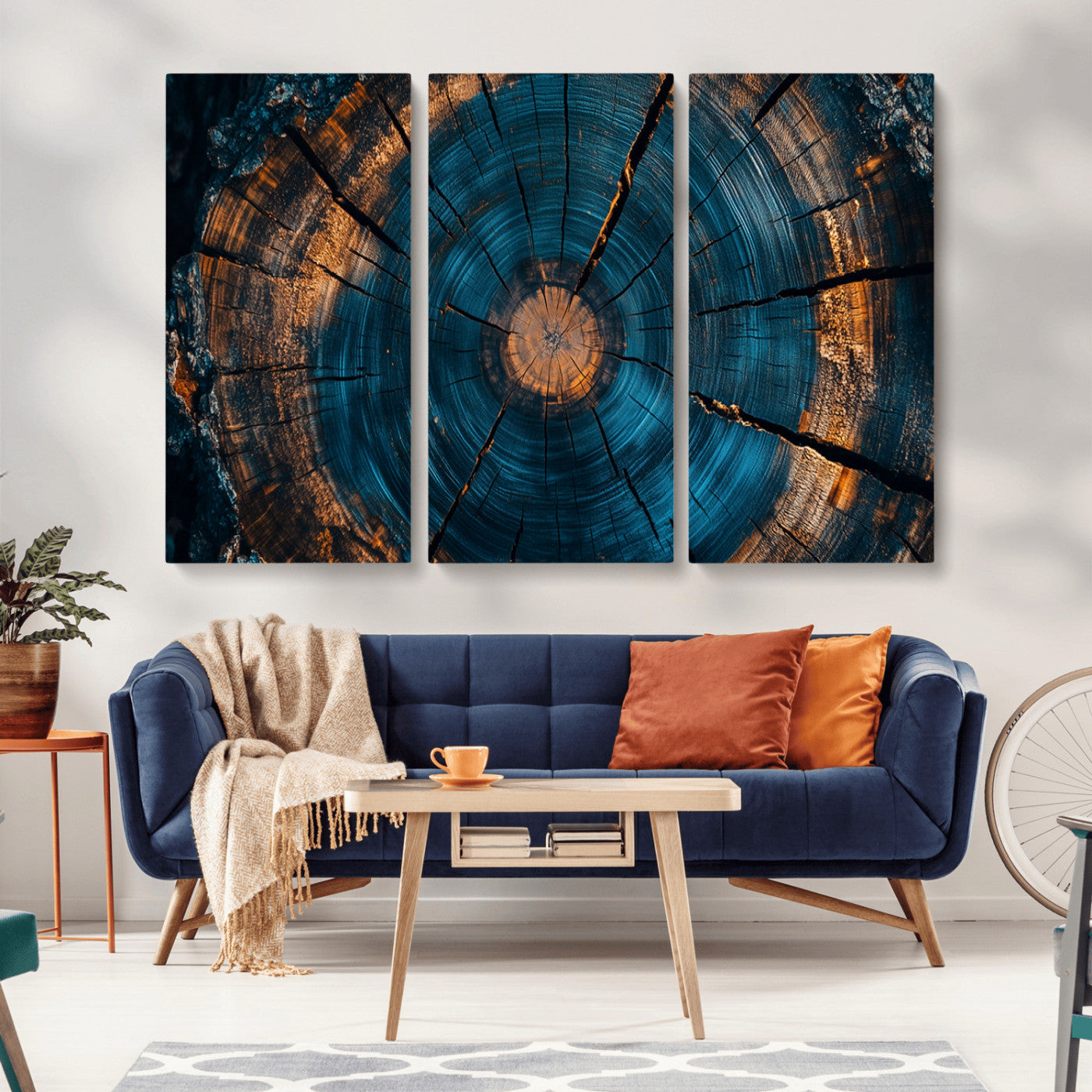MGV-CV-48X32-3P - Farmhouse Wall Art - Abstract Tree Rings Canvas Wall Art Print, Framed Wood Grain Rings Artwork