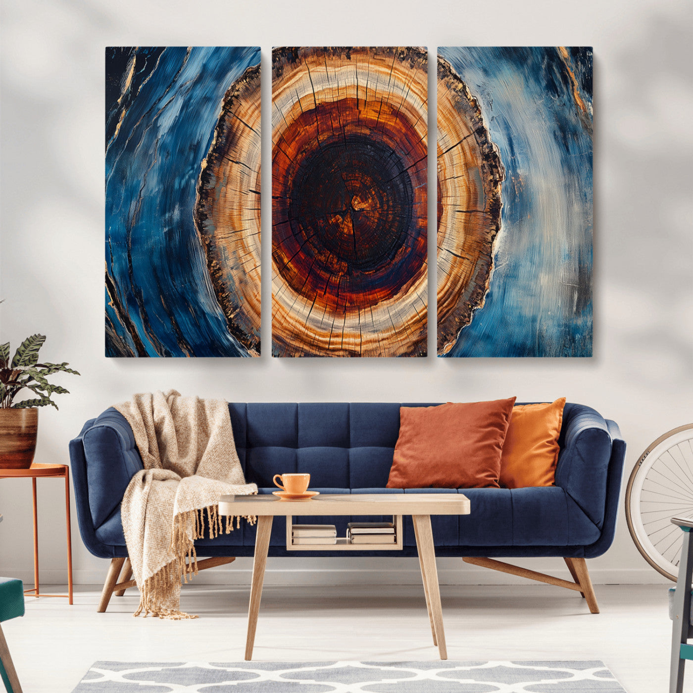 MGV-CV-48X32-3P - Framed Abstract Tree Ring Wall Art Print, Natural Rustic Wood Texture Canvas Print, Wood Tree Stump
