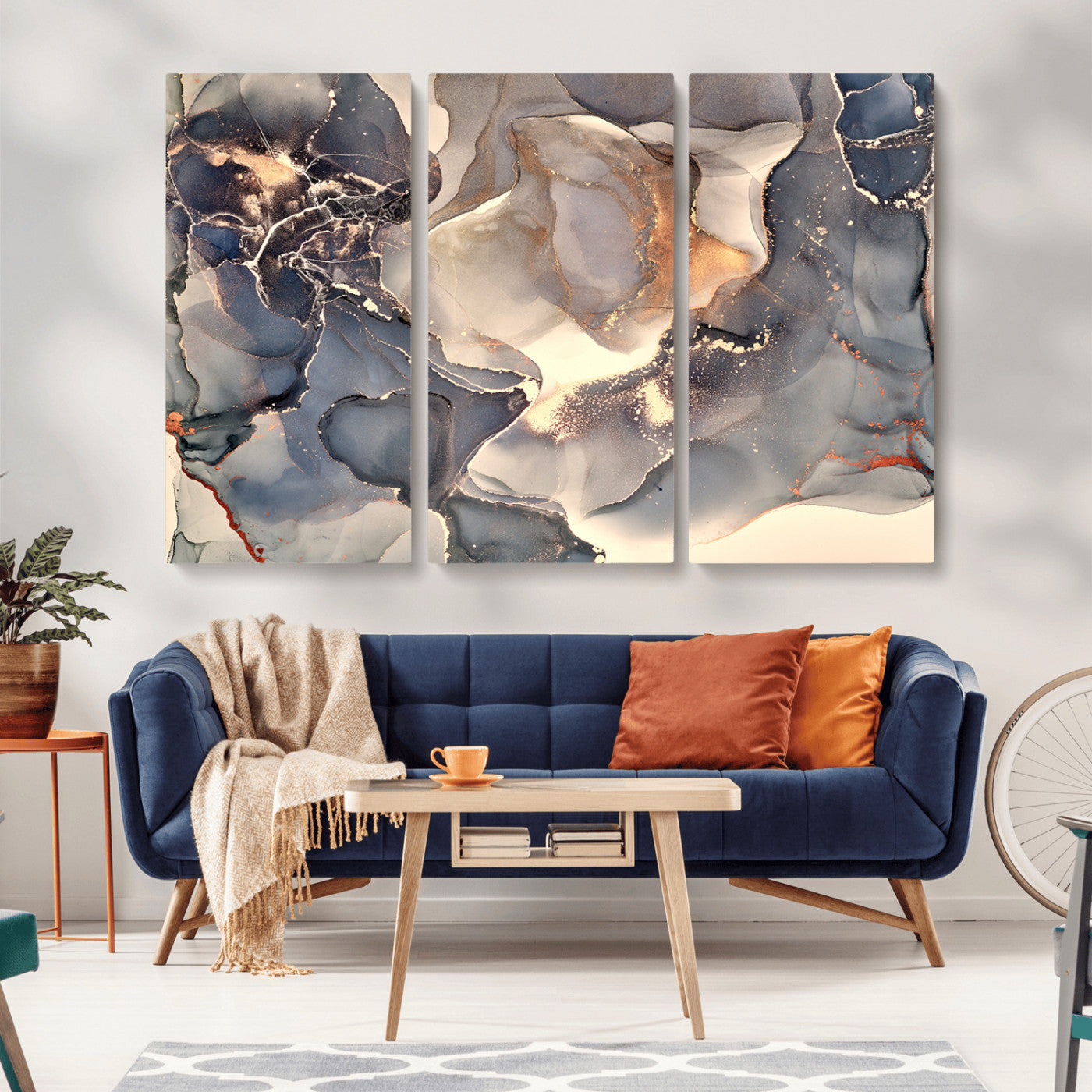 MGV-CV-48X32-3P - Abstract Blue and Gold Wall Art - Fluid Ink Artwork - Modern Luxury Wall Decor for Contemporary