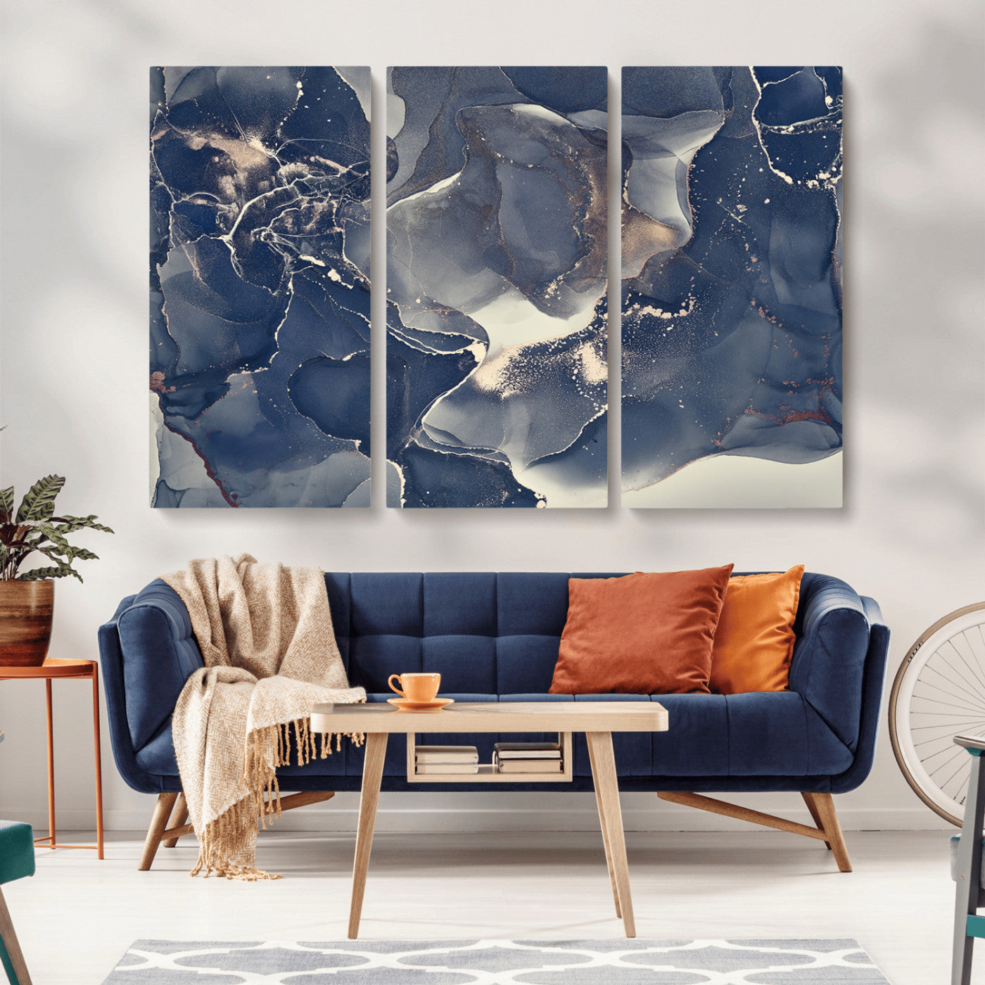 MGV-CV-48X32-3P - Large Abstract Blue and Gold Canvas Wall Art | Fluid Ink Artwork Print | Luxury Wall Decor for