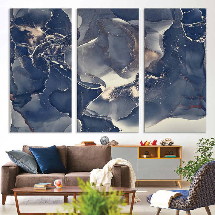 Large Abstract Blue and Gold Canvas Wall Art | Fluid Ink Artwork Print | Luxury Wall Decor for Contemporary Interiors | Framed Ready to Hang