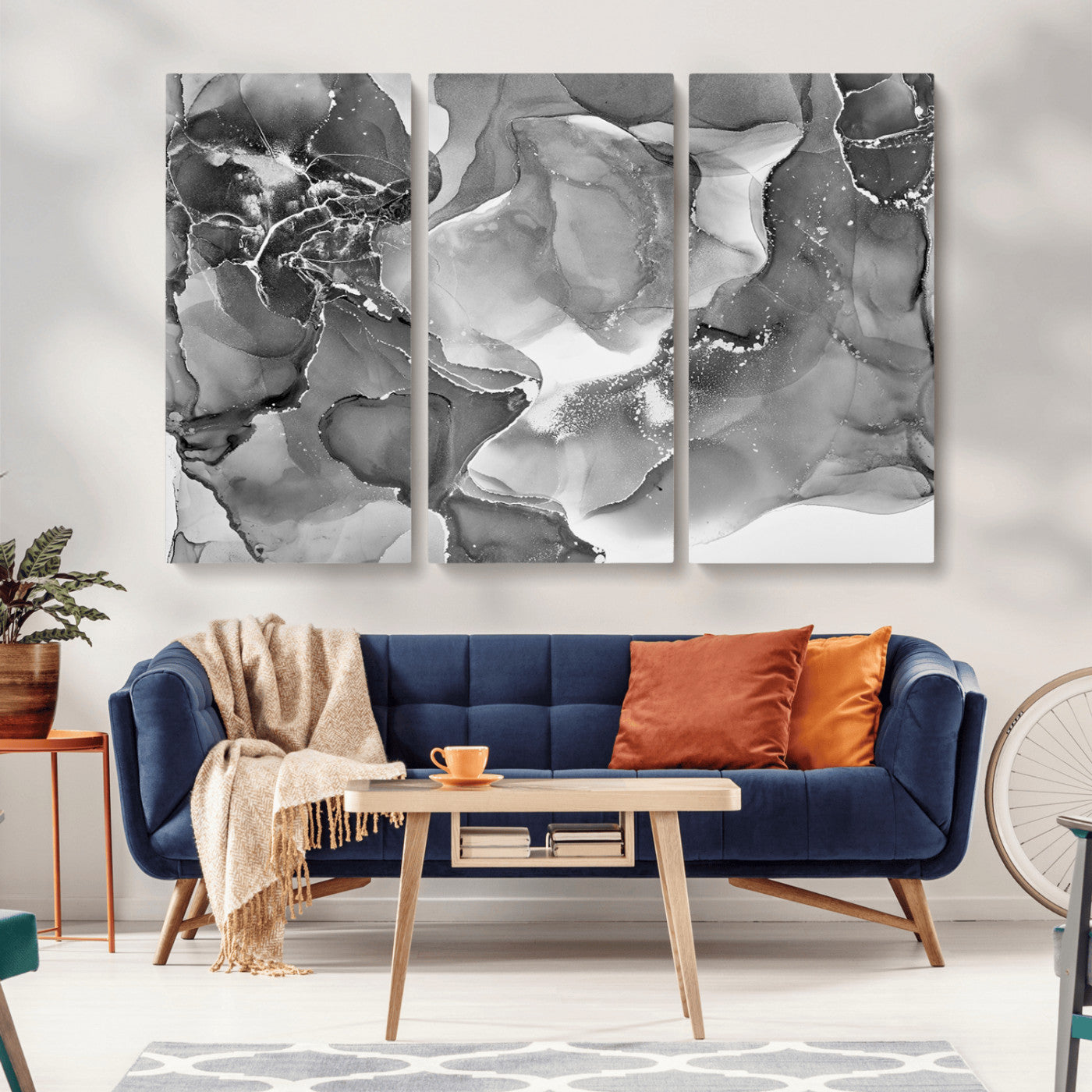 MGV-CV-48X32-3P - Black White Abstract Canvas Wall Art - Fluid Ink Artwork - Modern Luxury Wall Decor for Contemporary