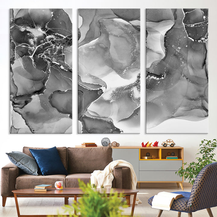 Black White Abstract Canvas Wall Art - Fluid Ink Artwork - Modern Luxury Wall Decor for Contemporary Interiors