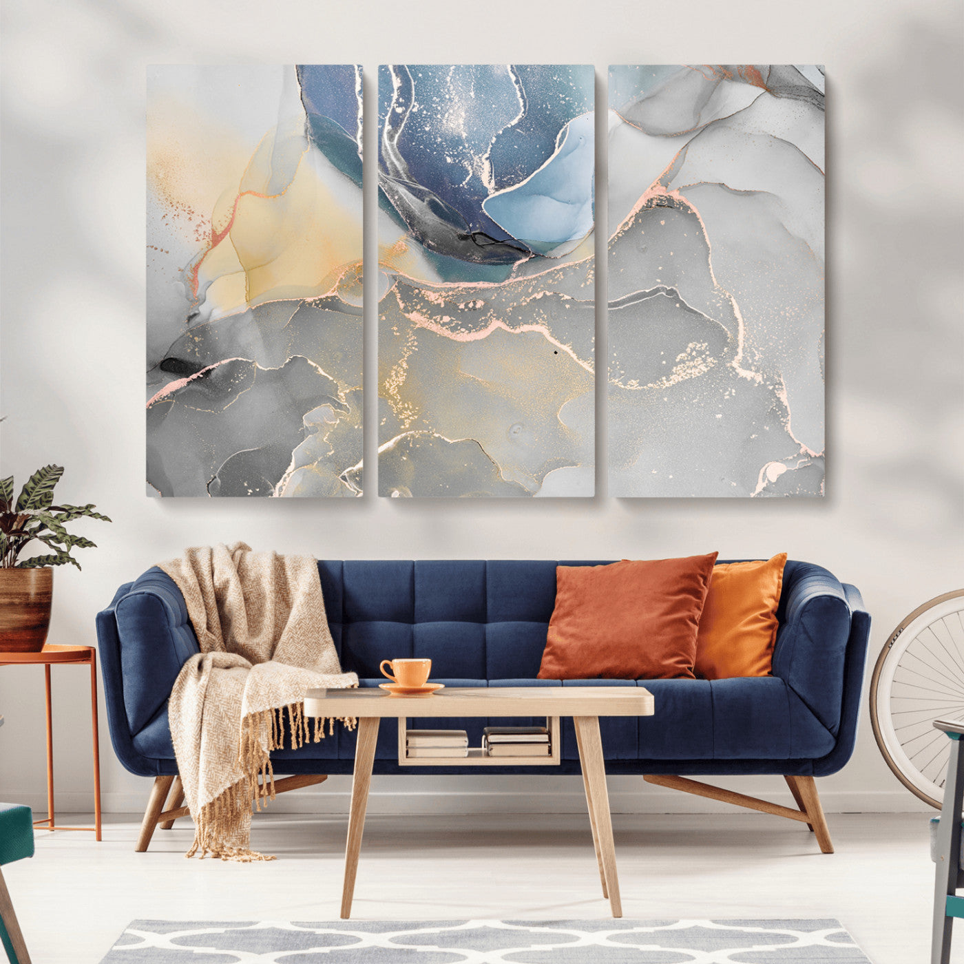 MGV-CV-48X32-3P - Large Abstract Blue and Gold Canvas Wall Art | Fluid Ink Artwork Print | Luxury Wall Decor for