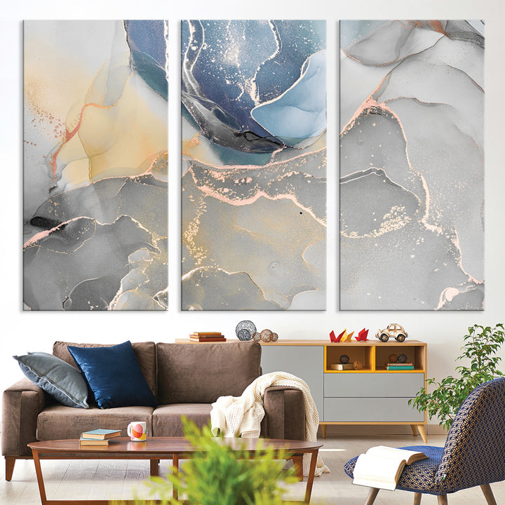 Large Abstract Blue and Gold Canvas Wall Art | Fluid Ink Artwork Print | Luxury Wall Decor for Contemporary Interiors | Framed Blue and Gold
