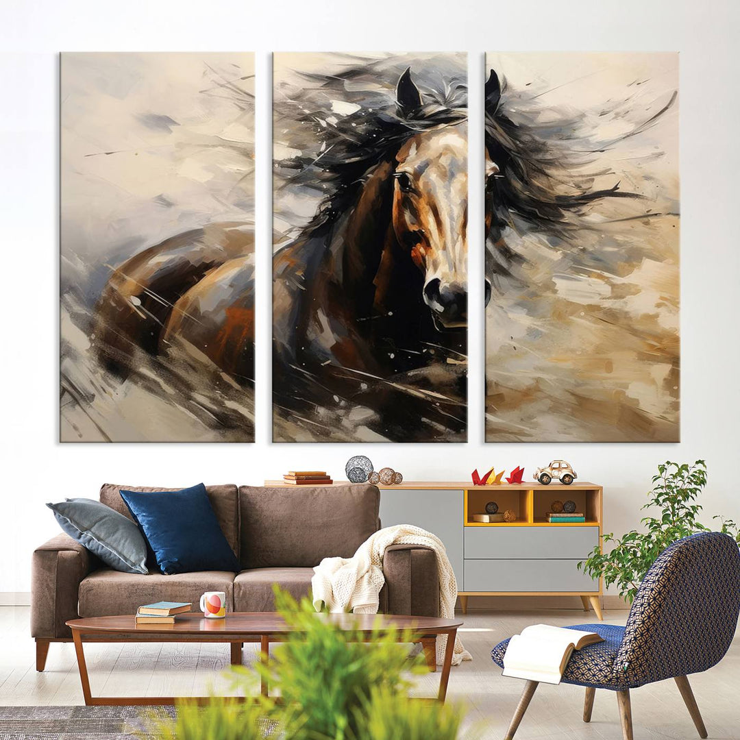 The Abstract Wall Art Horse Print adds rustic charm.