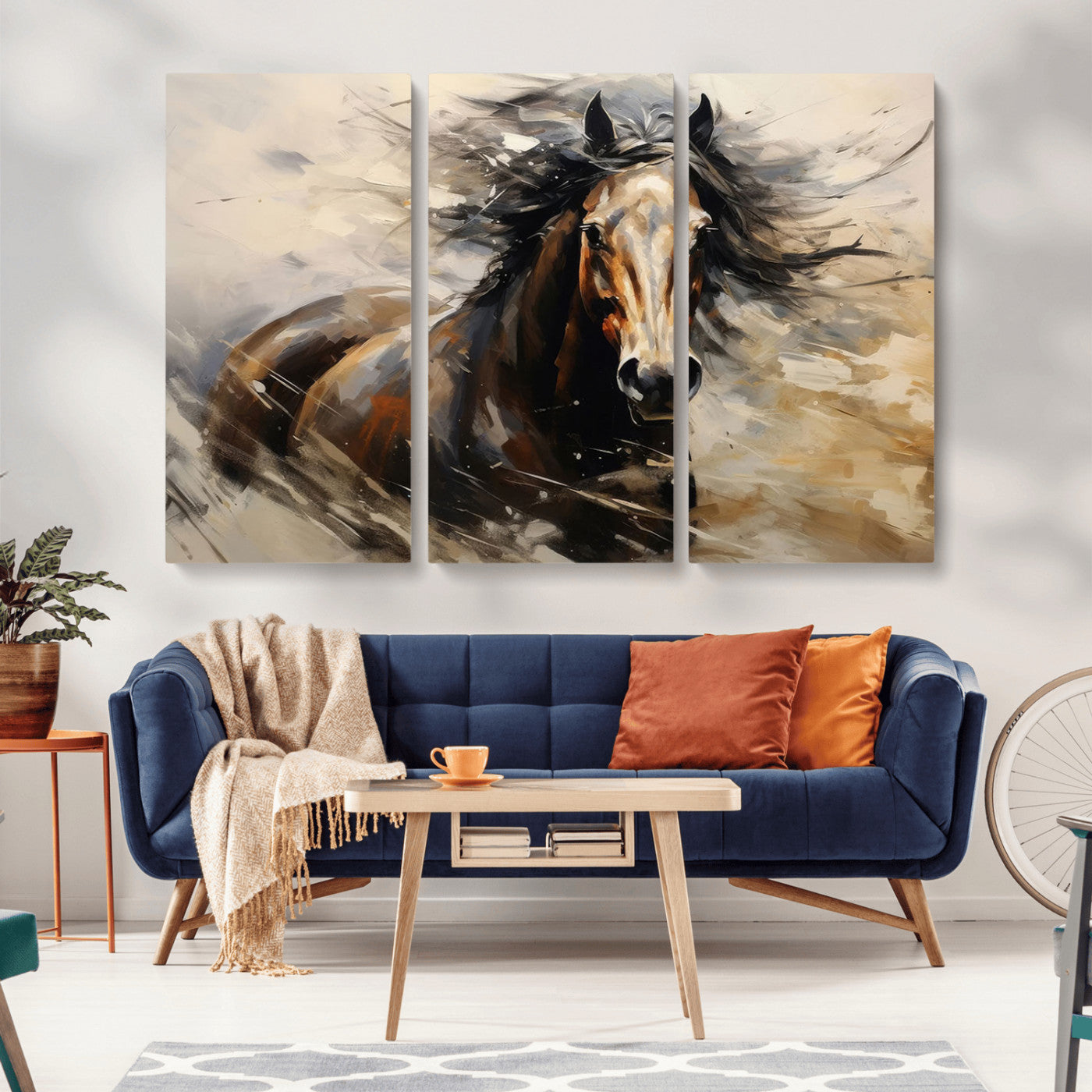 MGV-CV-48X32-3P - Abstract Wall Art Horse Print - Large Western Horse Canvas - Farmhouse Woodland Wall Art - Framed