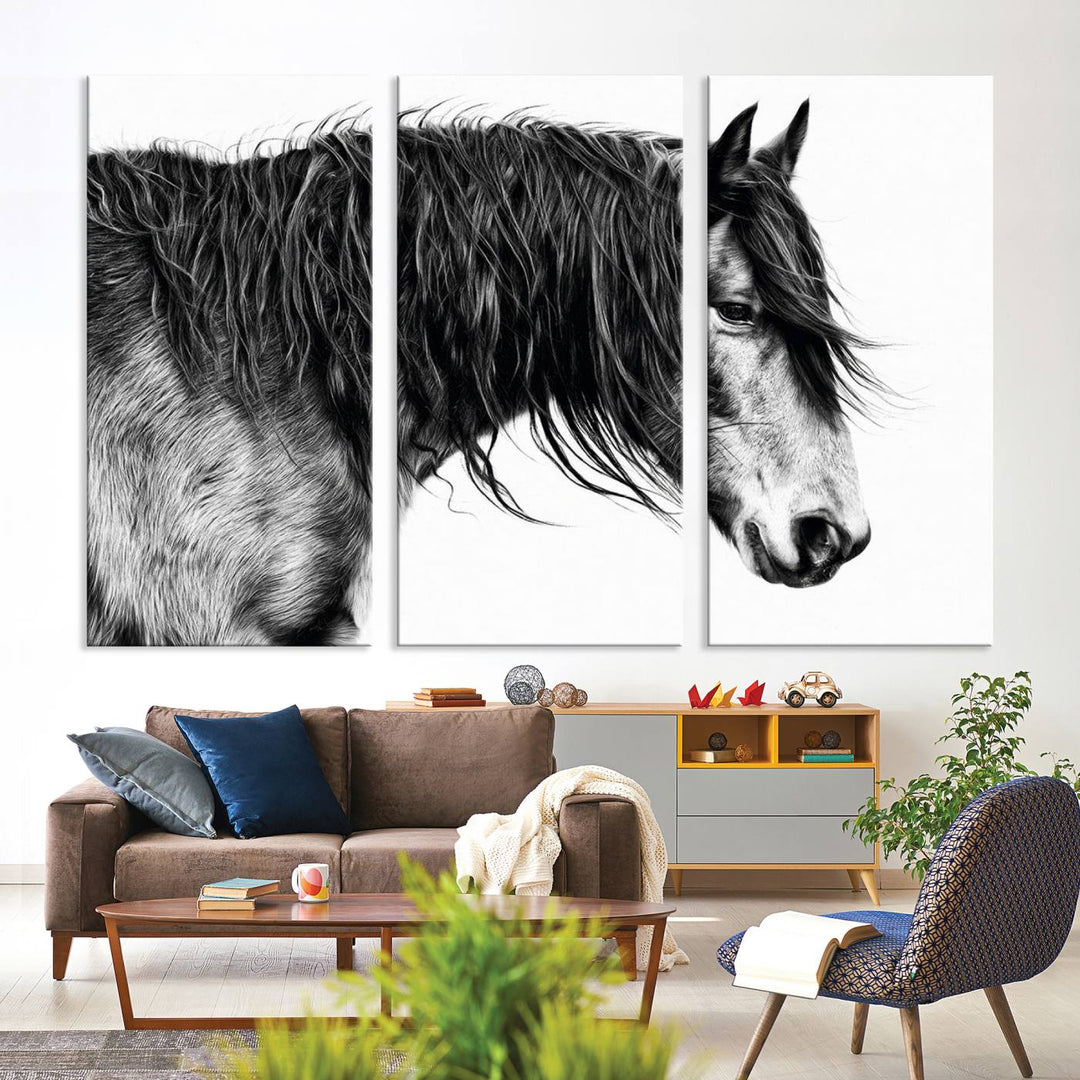 Black Horse Wall Art Canvas Print for farmhouse decor on the kitchen wall.