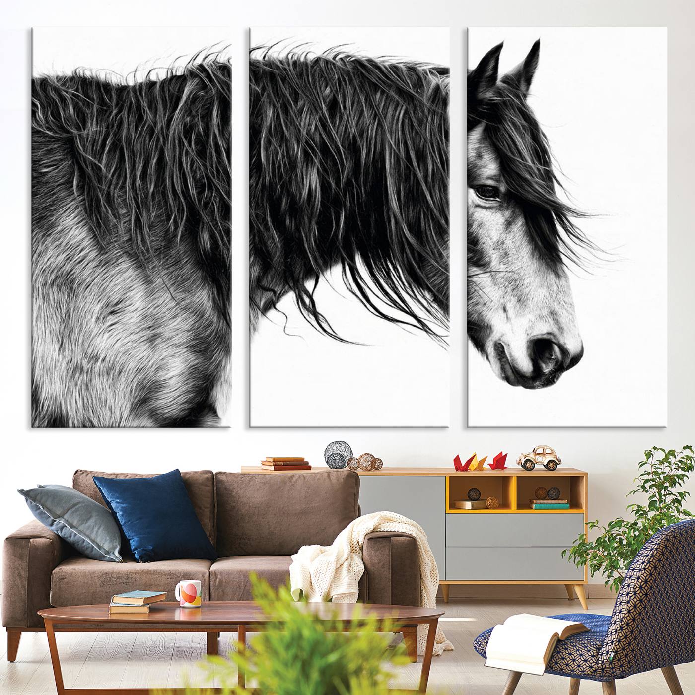 A stunning black-and-white portrait of a horse with a flowing mane, captured in dramatic detail and emotion.