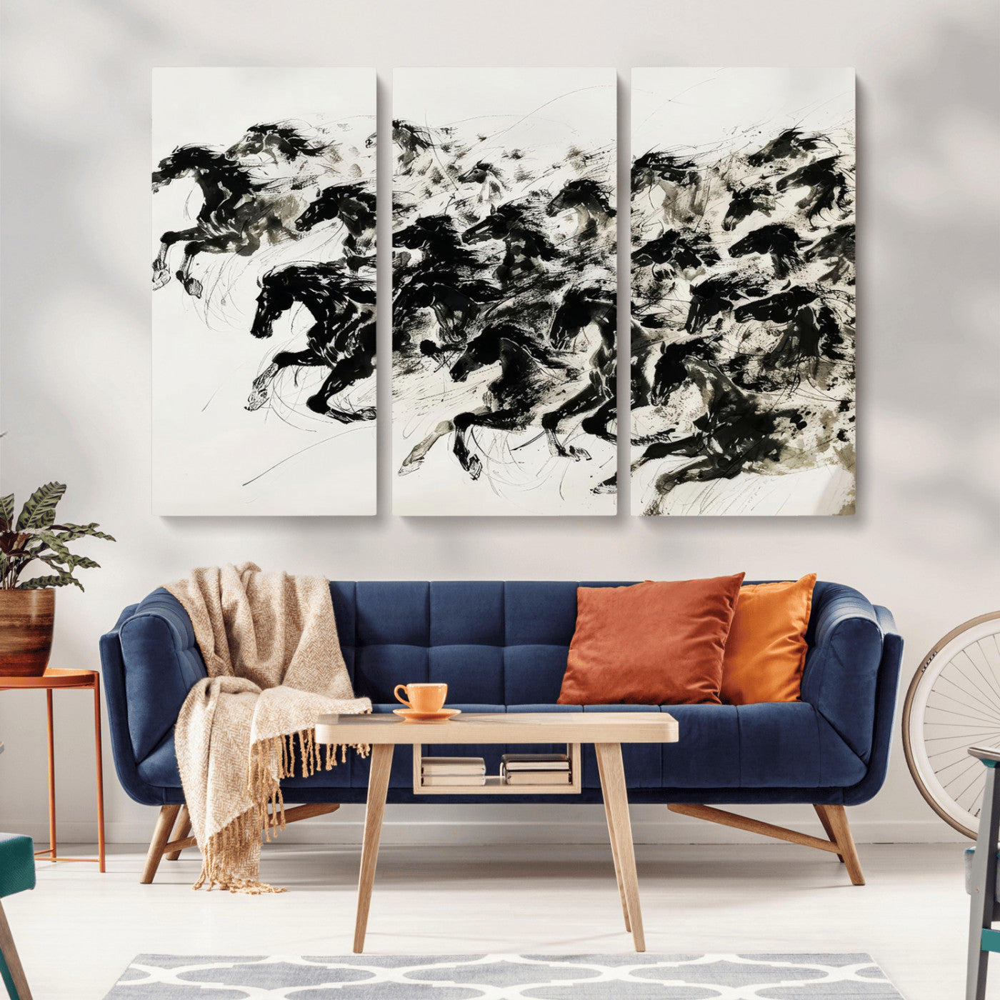MGV-CV-48X32-3P - Abstract Horse Wall Art Canvas Print - Dynamic Black Ink Horse Print - Modern Equine Wall Decor for