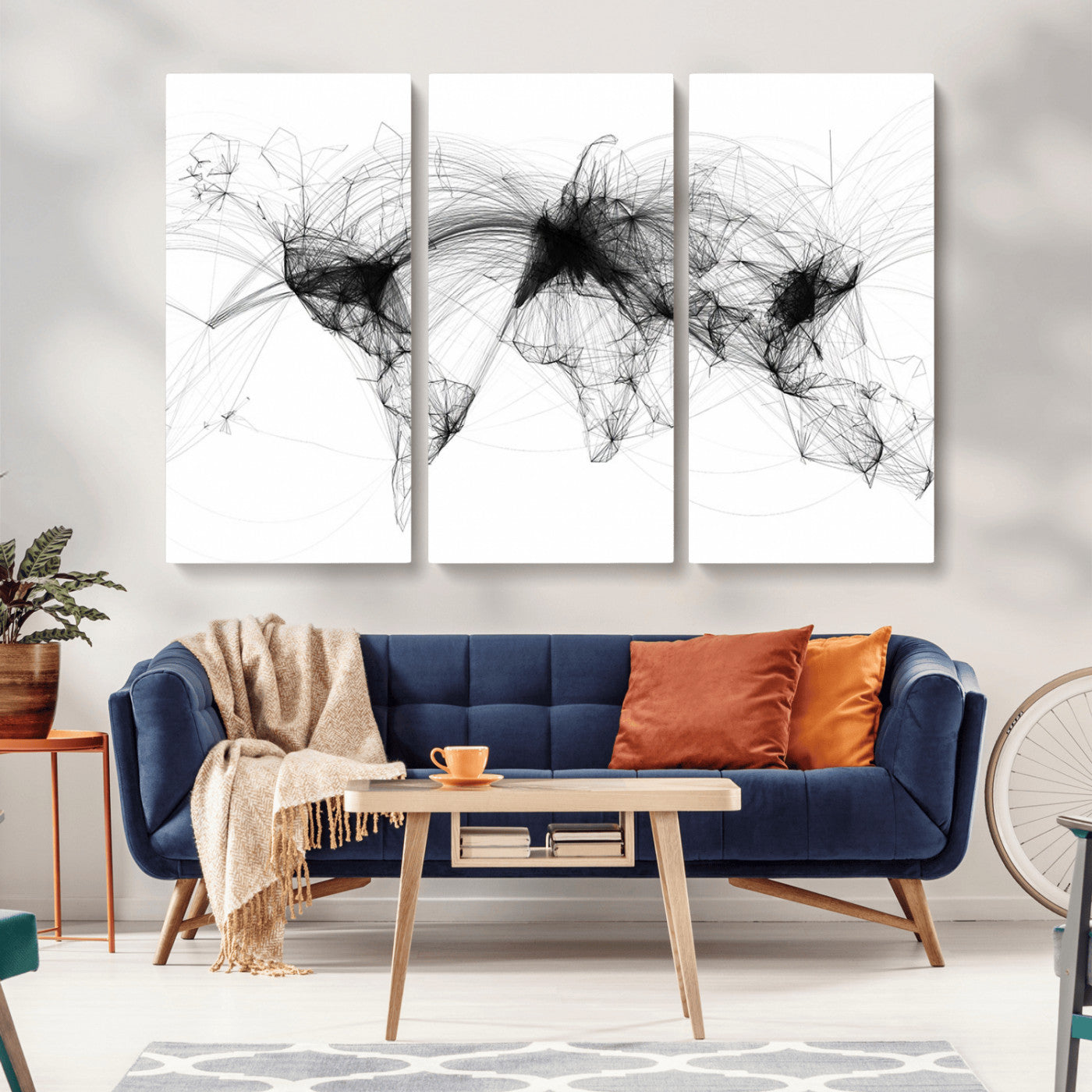A minimalist abstract world map created from interconnected black lines representing global connectivity and communication networks.