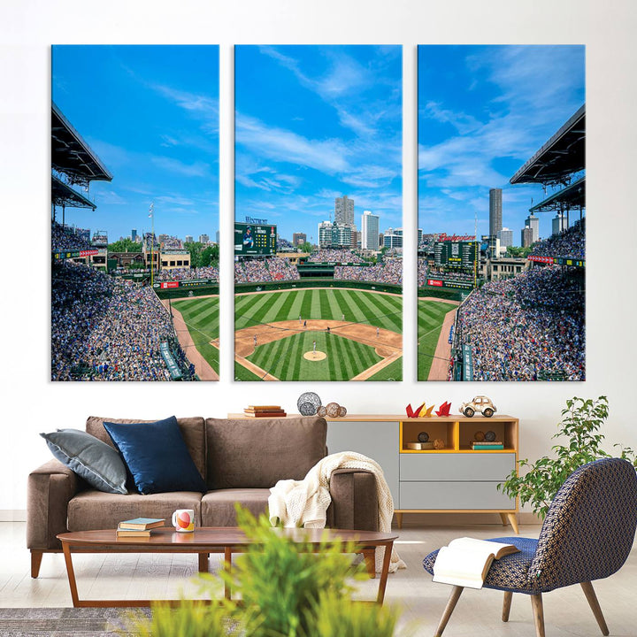 The Wrigley Field Chicago Cubs canvas art, depicting the iconic stadium, is perfect for sports lovers.