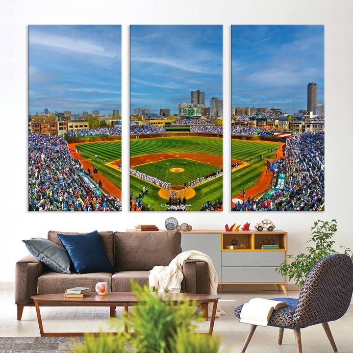 The Wrigley Field Cubs Panoramic Canvas Art hangs prominently in the modern living room.