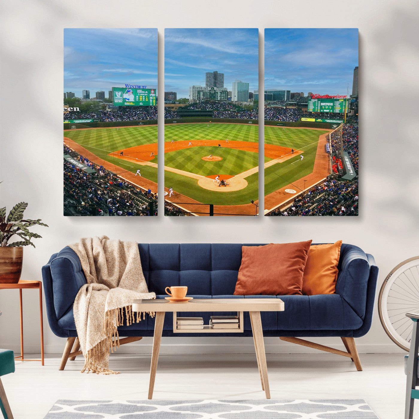 MGV-CV-48X32-3P - Wrigley Field Chicago Cubs Panoramic Multi Piece Canvas Wall Art - Iconic Baseball Stadium Print for
