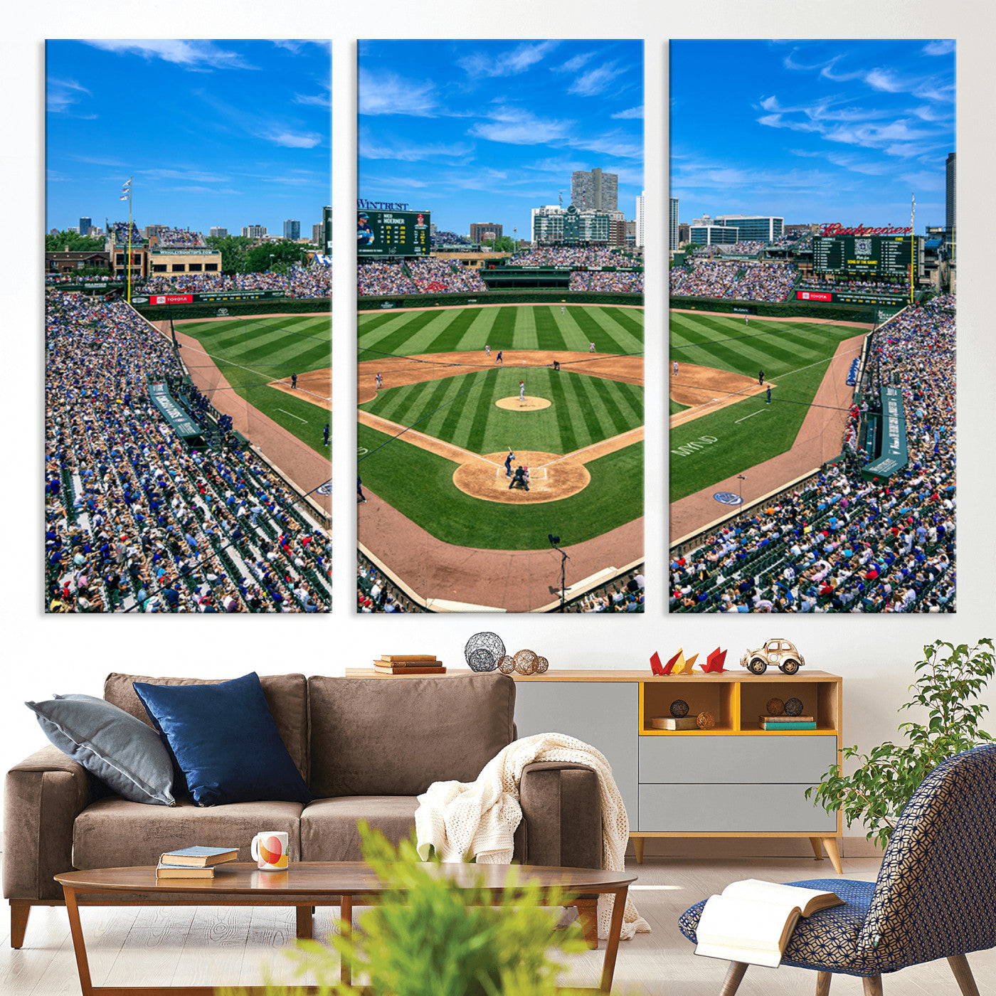 26064-MGV-CV-30X20-Framed Wrigley Field Chicago Cubs Print, Panoramic Multi Piece Canvas Wall Art - Iconic Baseball Stadium Print for Sports Lovers - Ready to