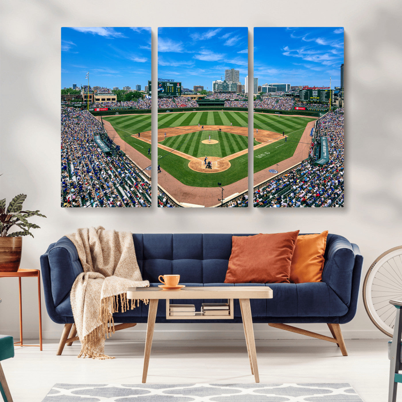 MGV-CV-48X32-3P - Framed Wrigley Field Chicago Cubs Print, Panoramic Multi Piece Canvas Wall Art - Iconic Baseball