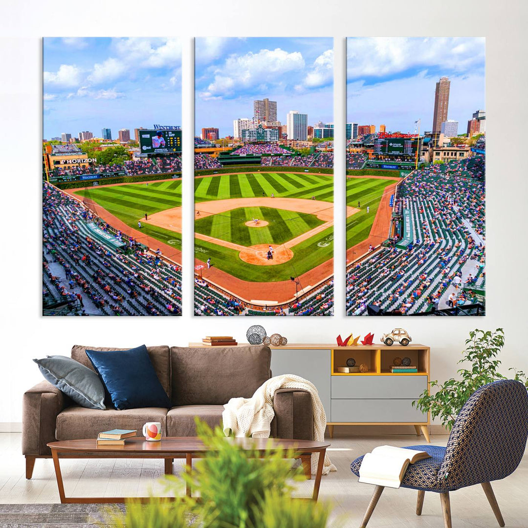 A 3-piece panoramic canvas wall art showcases an aerial view of a packed Chicago Cubs game at Wrigley Field, perfect for sports lovers.