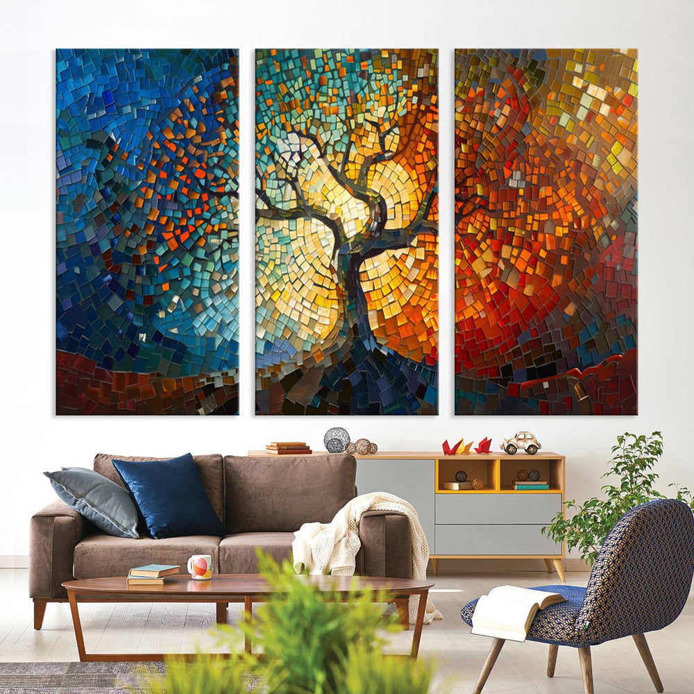 Mosaic Tree Canvas Wall Art: A stunning stained glass-inspired Tree of Life featuring blue and orange swirling patterns reminiscent of a sunburst.