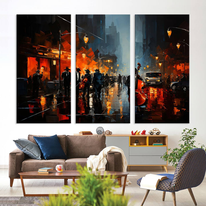 Framed Abstract Music Canvas: Jazz musicians on a rainy city street at night, with warm lights reflecting on wet pavement.