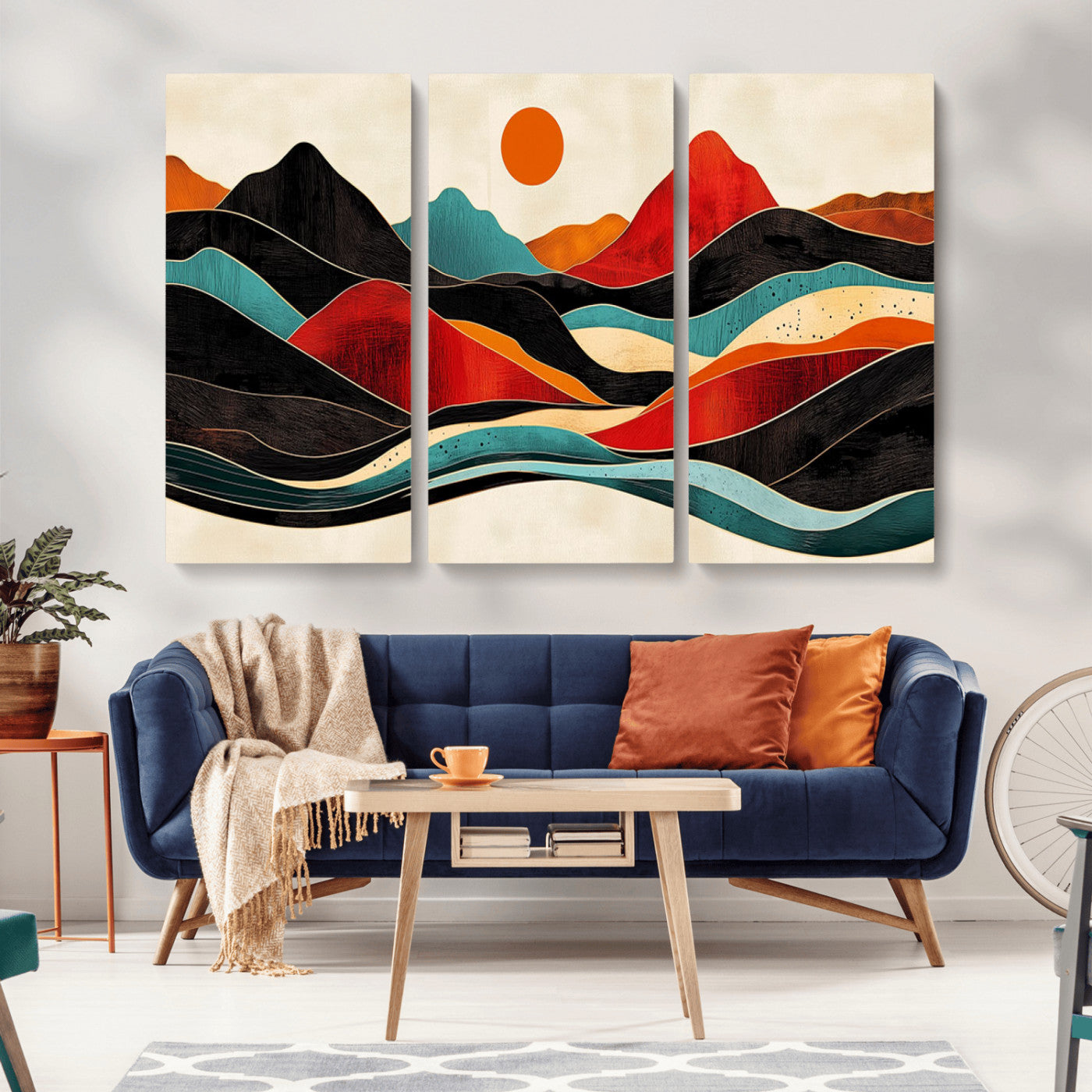 MGV-CV-48X32-3P - Western Wall Decor - Large Triptych Mountain Canvas - Boho Woodland Wall Art Print - Framed