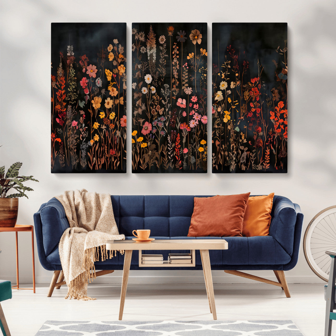 MGV-CV-48X32-3P - Dark Floral Canvas Wall Art - Moody Botanical Flower Print - Rustic Floral Wall Decor for Home -